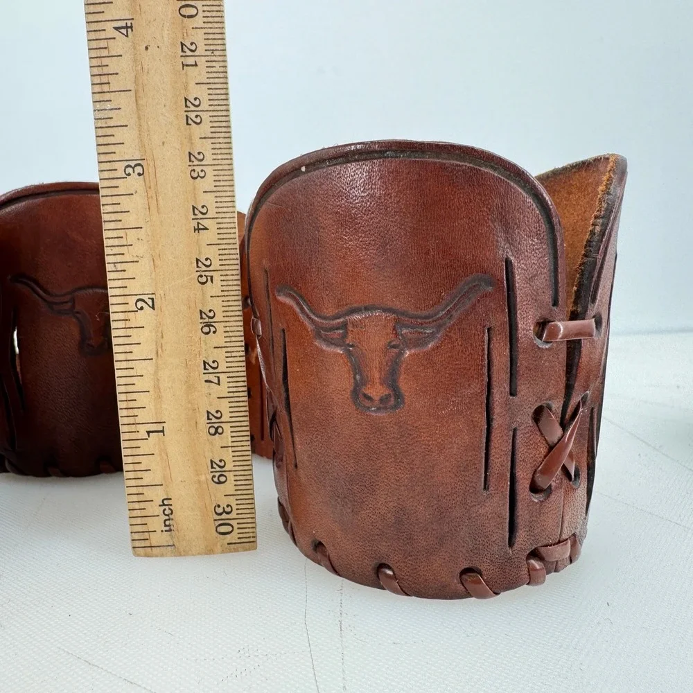 Vintage Tooled Leather Cup Holders Brown Texas Longhorn Western Barware Set 7